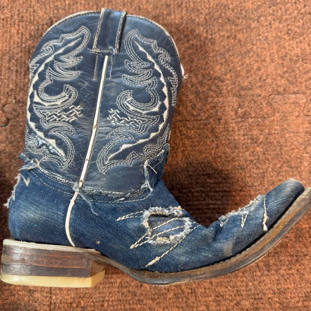 Old West Kids Distressed Blue Denim Cowboy Boots Pointed Toe Western Size 12 C+